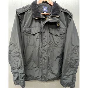 Gap Hybrid Utility Jacket Men L Black Cord Collar Pocket Full Zip Hide Hood Coat